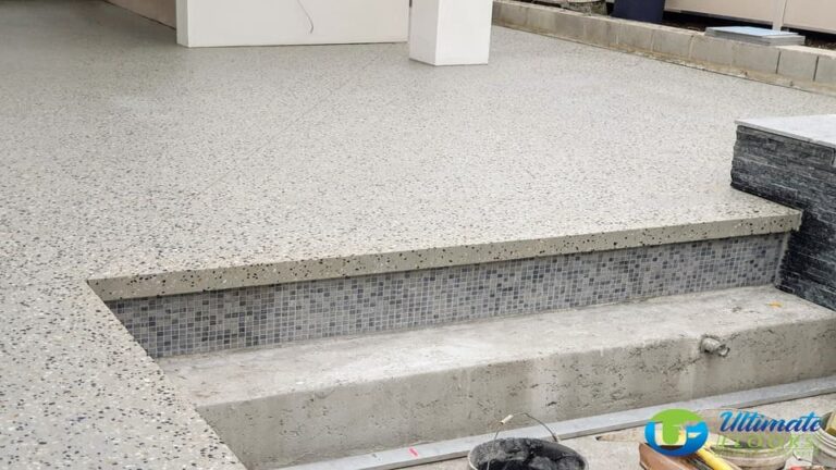 honed concrete around pool- honed concrete outdoor living area